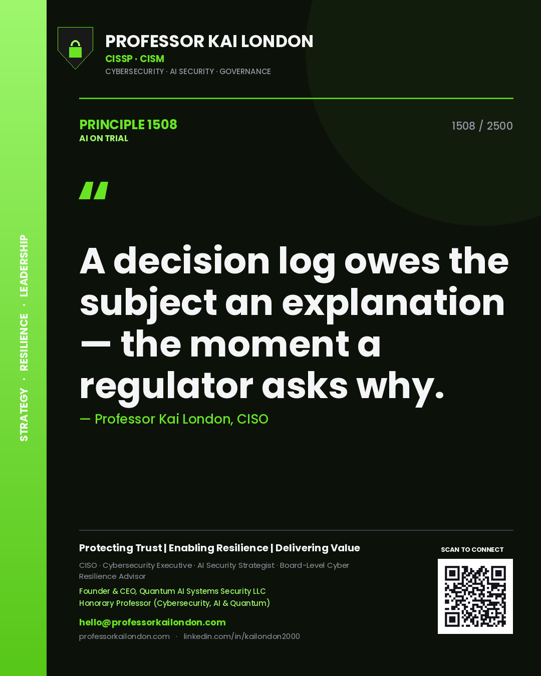 Professor Kai London principle 1508: A decision log owes the subject an explanation — the moment a regulator asks why.