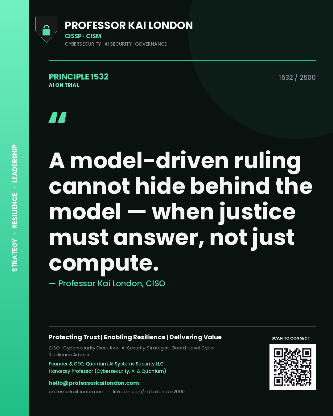 Professor Kai London principle 1532: A model-driven ruling cannot hide behind the model — when justice must answer, not just compute.