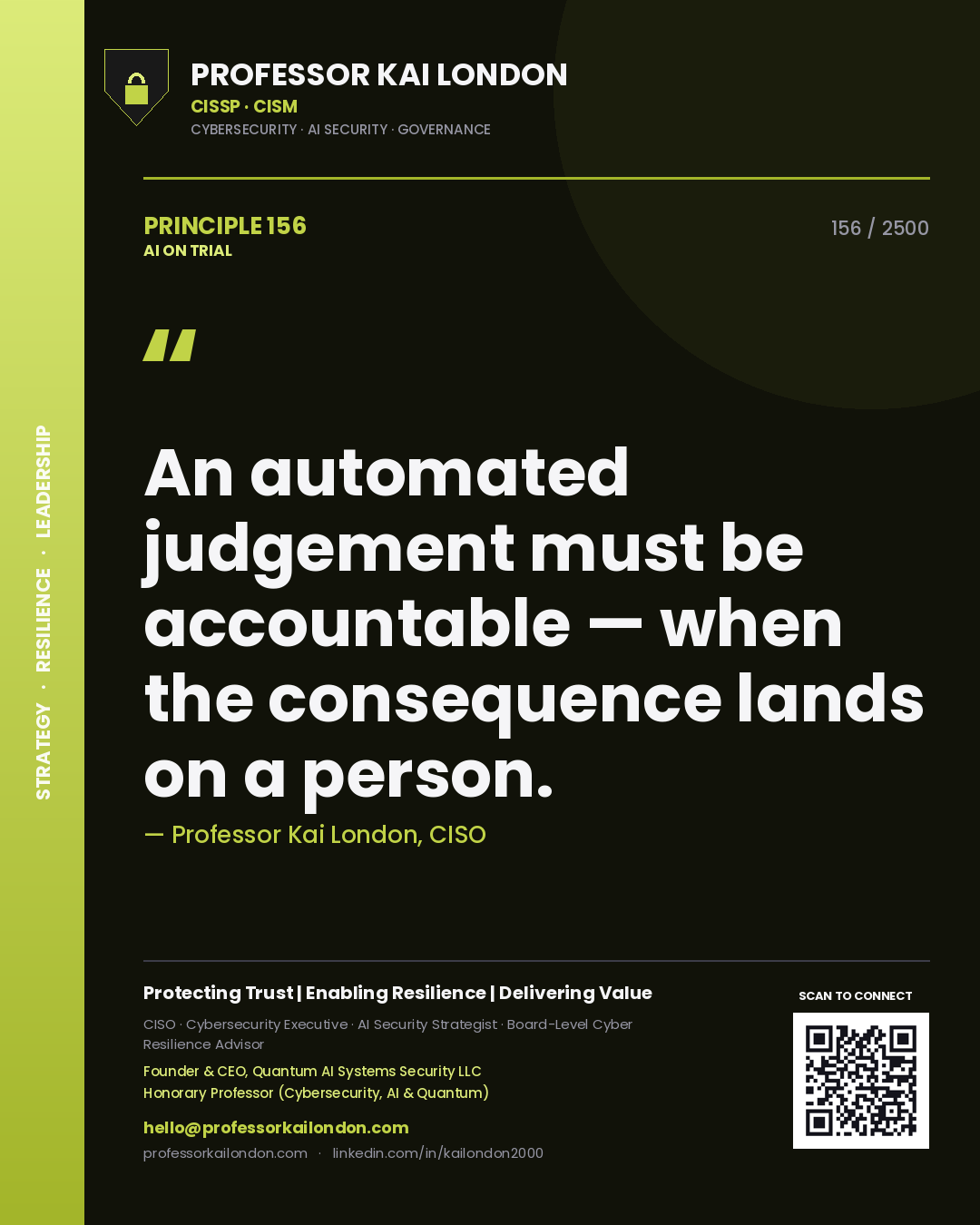 Professor Kai London principle 156: An automated judgement must be accountable — when the consequence lands on a person.