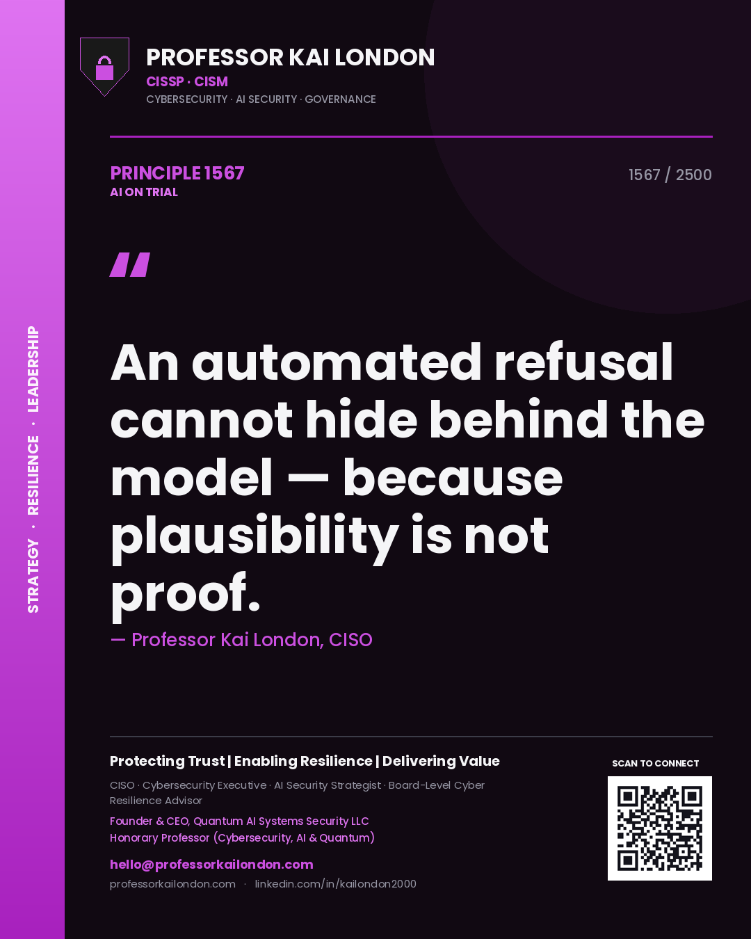 Professor Kai London principle 1567: An automated refusal cannot hide behind the model — because plausibility is not proof.
