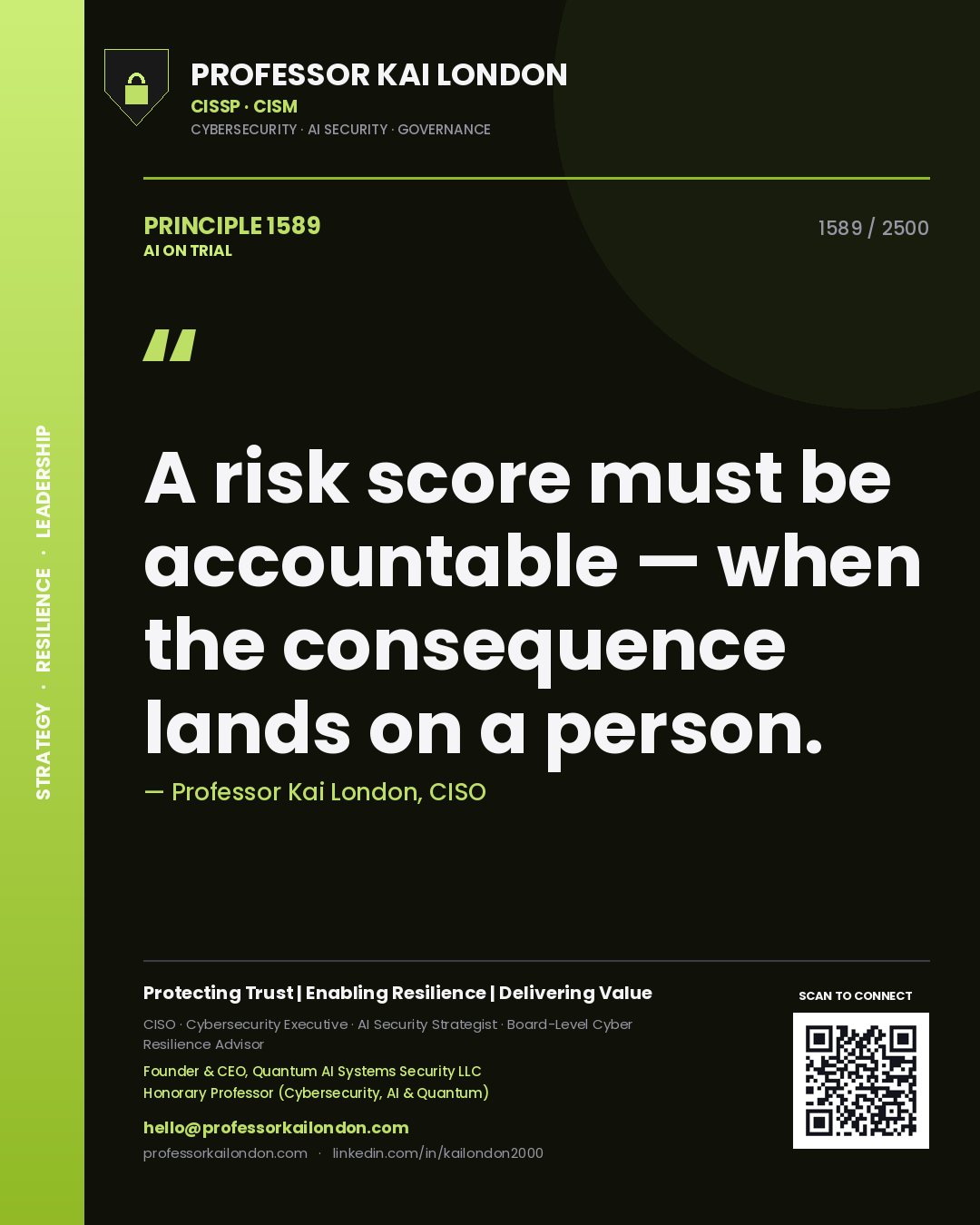 Professor Kai London principle 1589: A risk score must be accountable — when the consequence lands on a person.