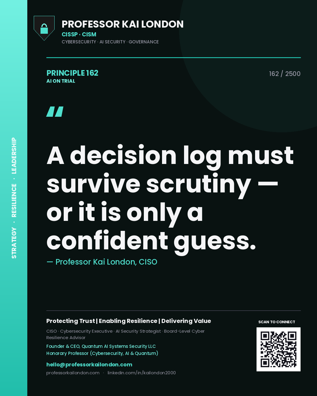 Professor Kai London principle 162: A decision log must survive scrutiny — or it is only a confident guess.