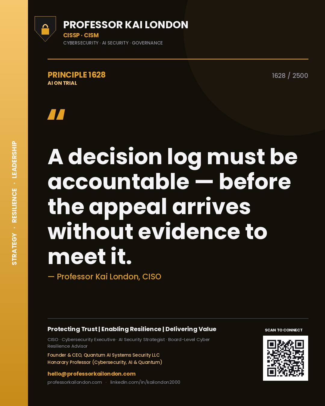 Professor Kai London principle 1628: A decision log must be accountable — before the appeal arrives without evidence to meet it.