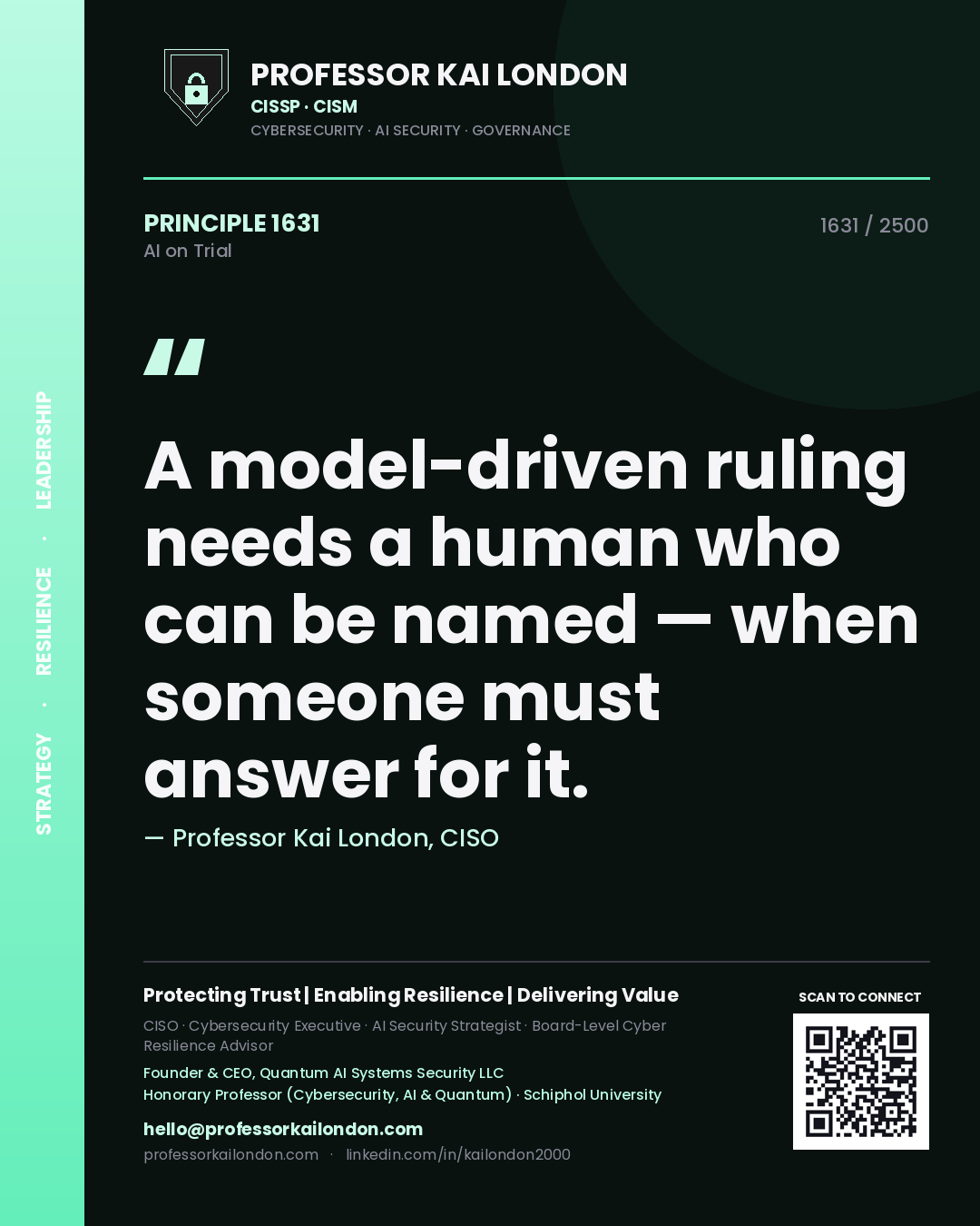 Professor Kai London principle 1631: A model-driven ruling needs a human who can be named — when someone must answer for it.