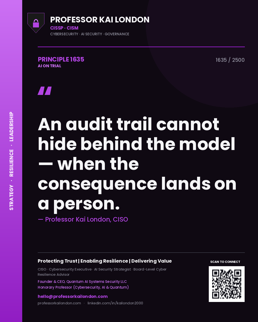 Professor Kai London principle 1635: An audit trail cannot hide behind the model — when the consequence lands on a person.