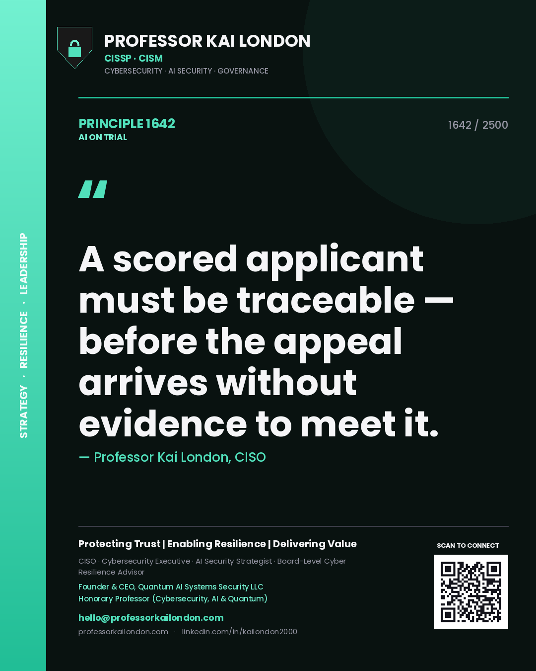 Professor Kai London principle 1642: A scored applicant must be traceable — before the appeal arrives without evidence to meet it.