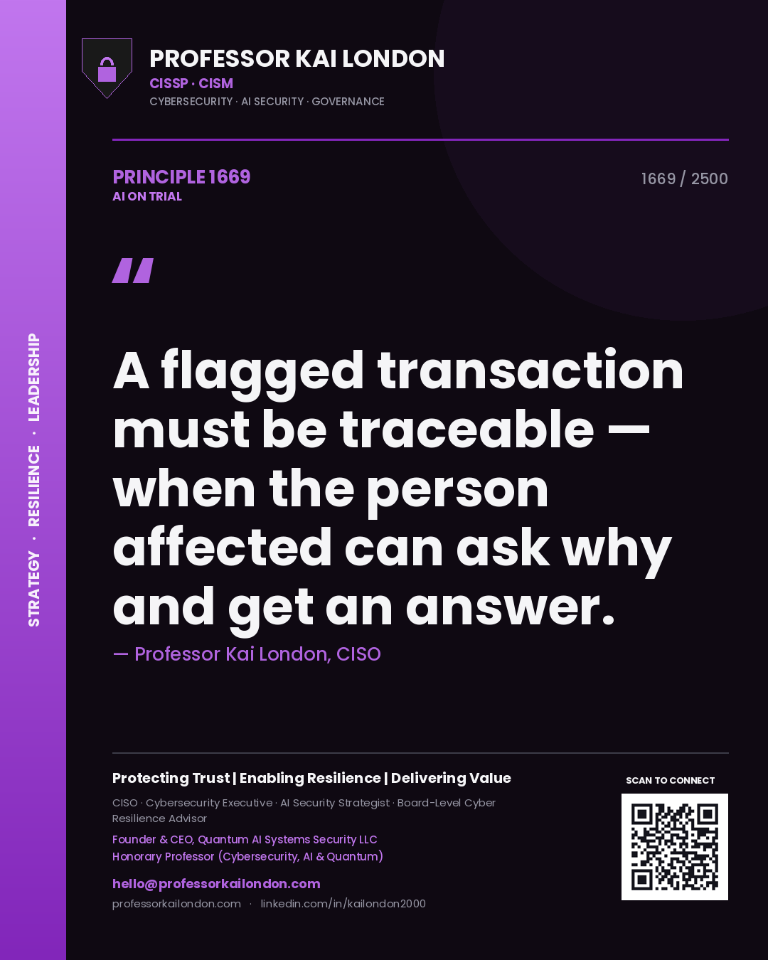 Professor Kai London principle 1669: A flagged transaction must be traceable — when the person affected can ask why and get an answer.