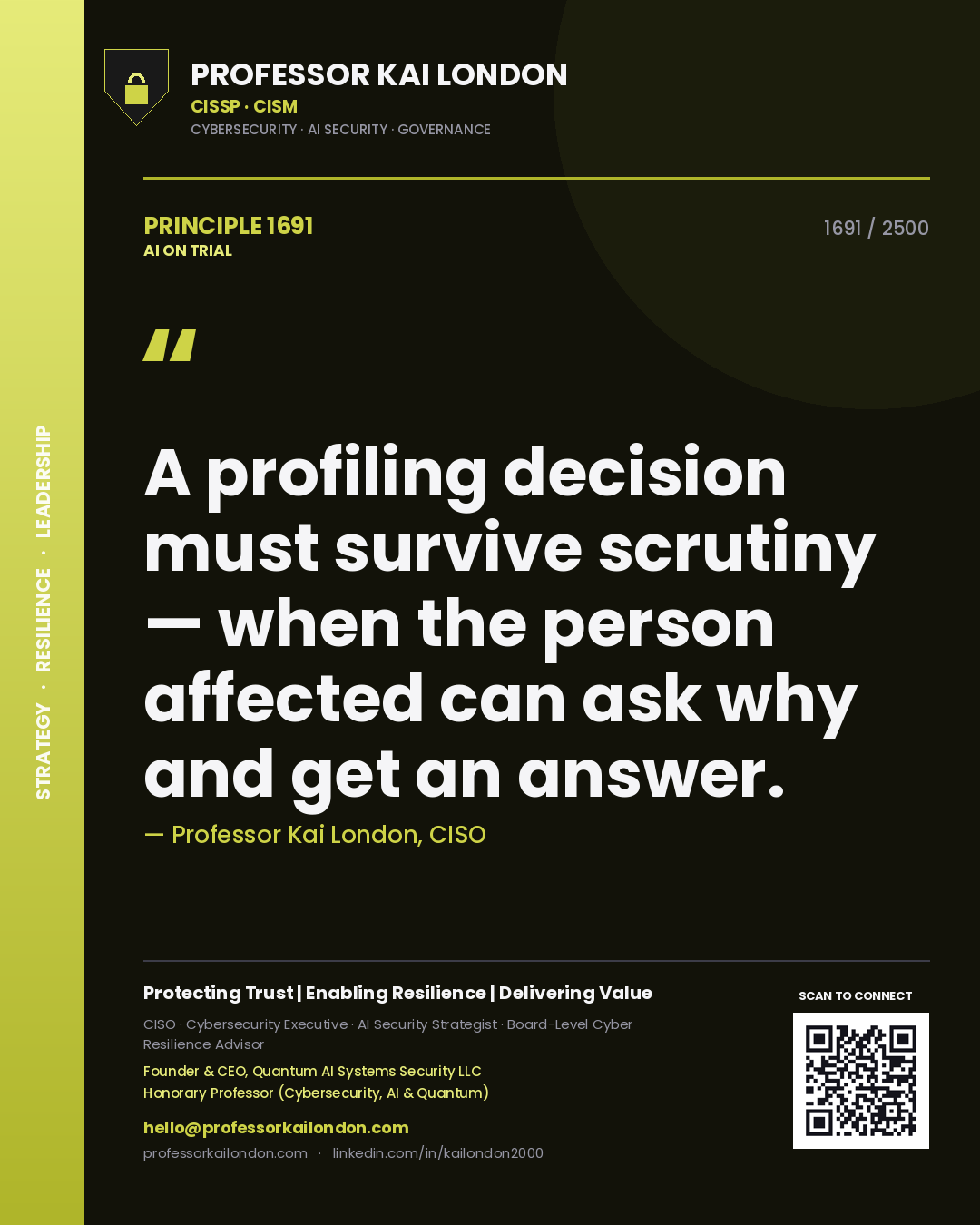 Professor Kai London principle 1691: A profiling decision must survive scrutiny — when the person affected can ask why and get an answer.