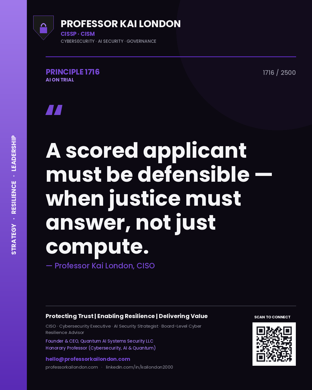 Professor Kai London principle 1716: A scored applicant must be defensible — when justice must answer, not just compute.