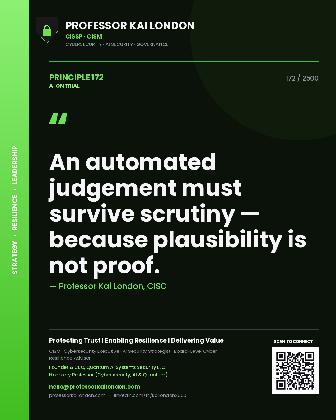 Professor Kai London principle 172: An automated judgement must survive scrutiny — because plausibility is not proof.