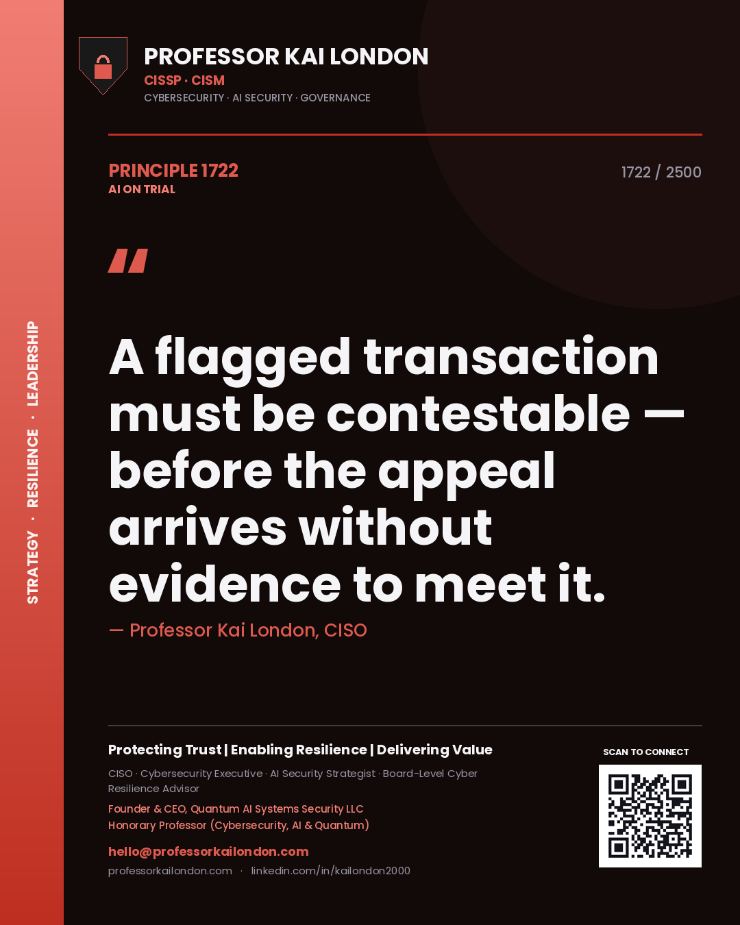 Professor Kai London principle 1722: A flagged transaction must be contestable — before the appeal arrives without evidence to meet it.