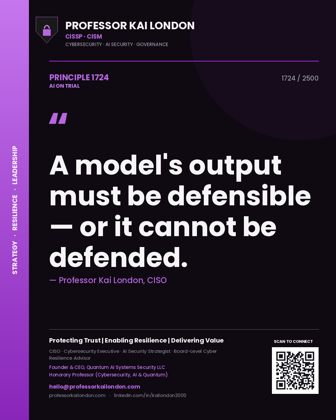 Professor Kai London principle 1724: A model's output must be defensible — or it cannot be defended.