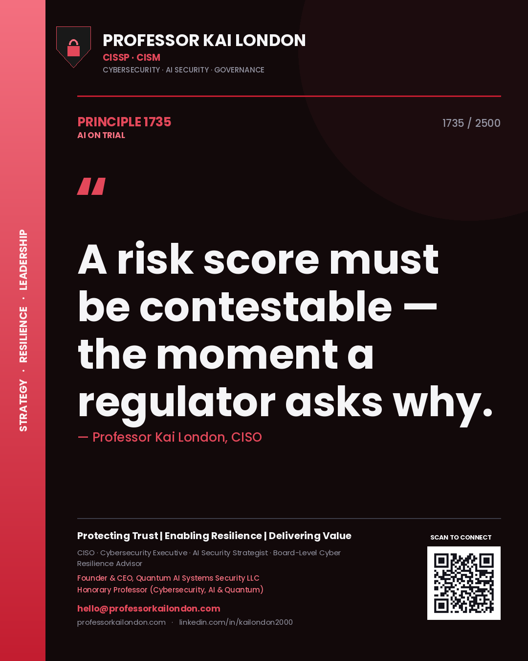 Professor Kai London principle 1735: A risk score must be contestable — the moment a regulator asks why.