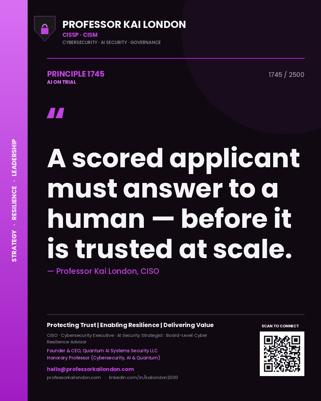 Professor Kai London principle 1745: A scored applicant must answer to a human — before it is trusted at scale.
