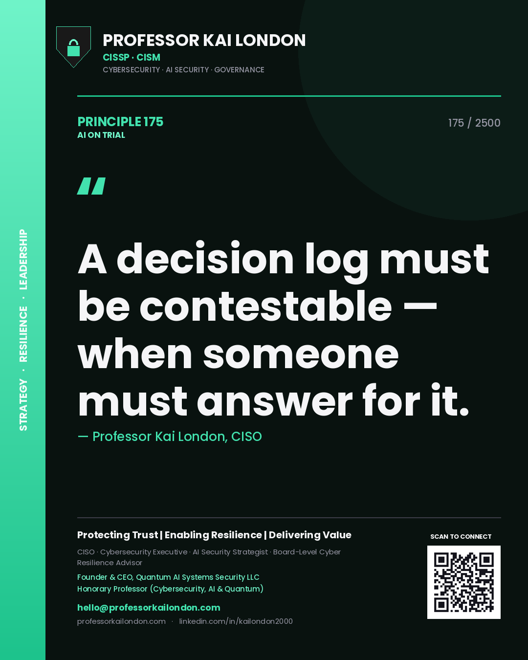 Professor Kai London principle 175: A decision log must be contestable — when someone must answer for it.