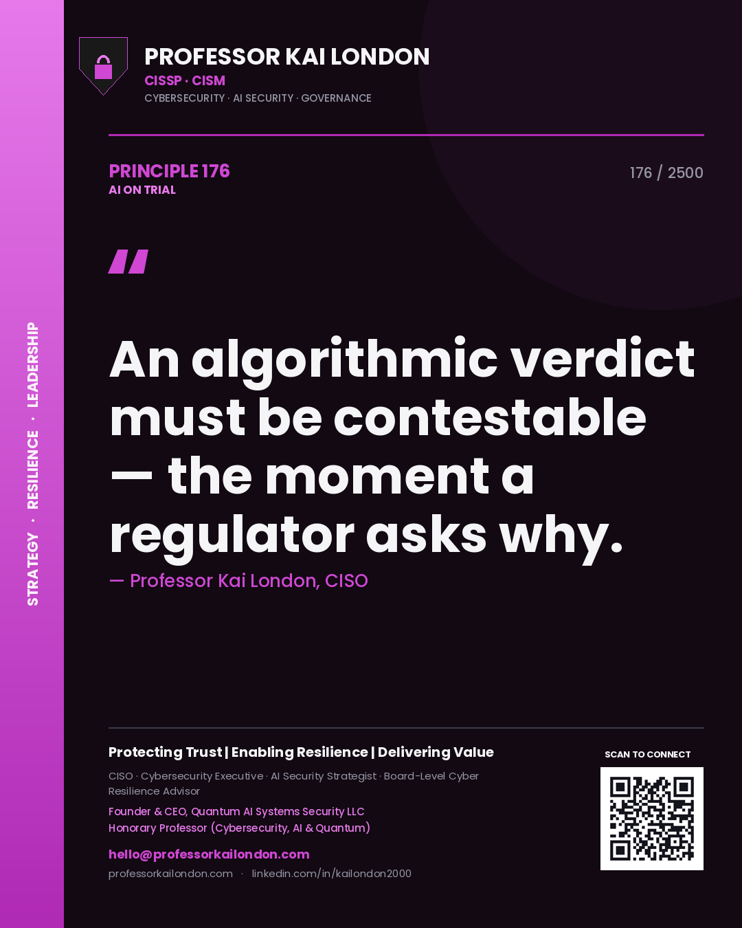 Professor Kai London principle 176: An algorithmic verdict must be contestable — the moment a regulator asks why.