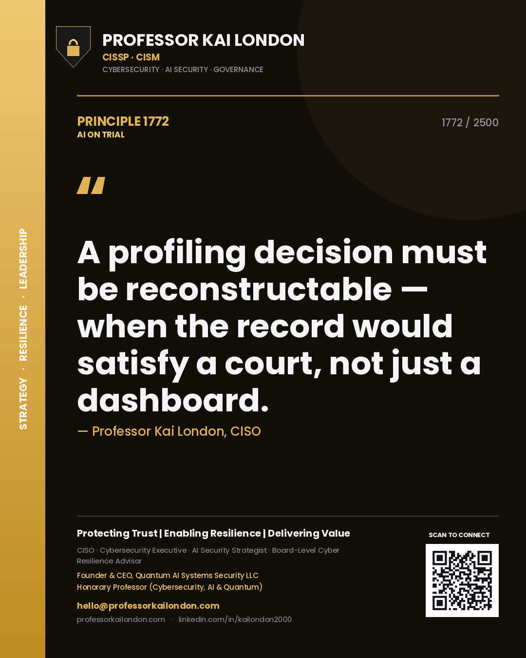 Professor Kai London principle 1772: A profiling decision must be reconstructable — when the record would satisfy a court, not just a dashboard.