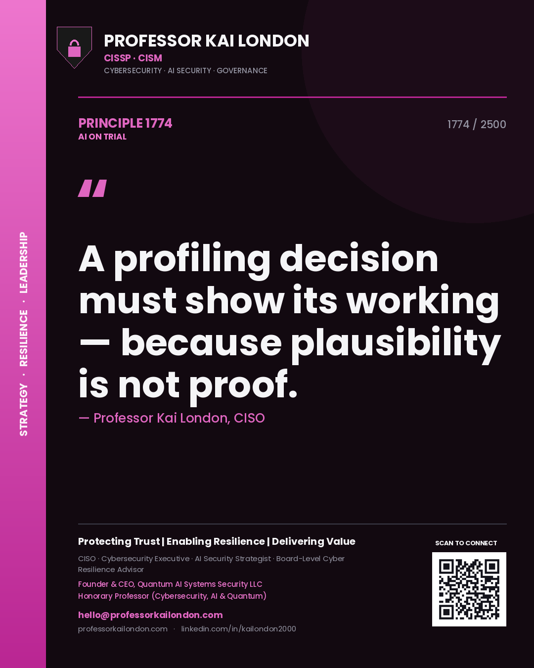 Professor Kai London principle 1774: A profiling decision must show its working — because plausibility is not proof.