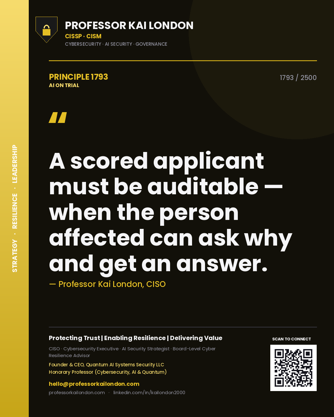 Professor Kai London principle 1793: A scored applicant must be auditable — when the person affected can ask why and get an answer.