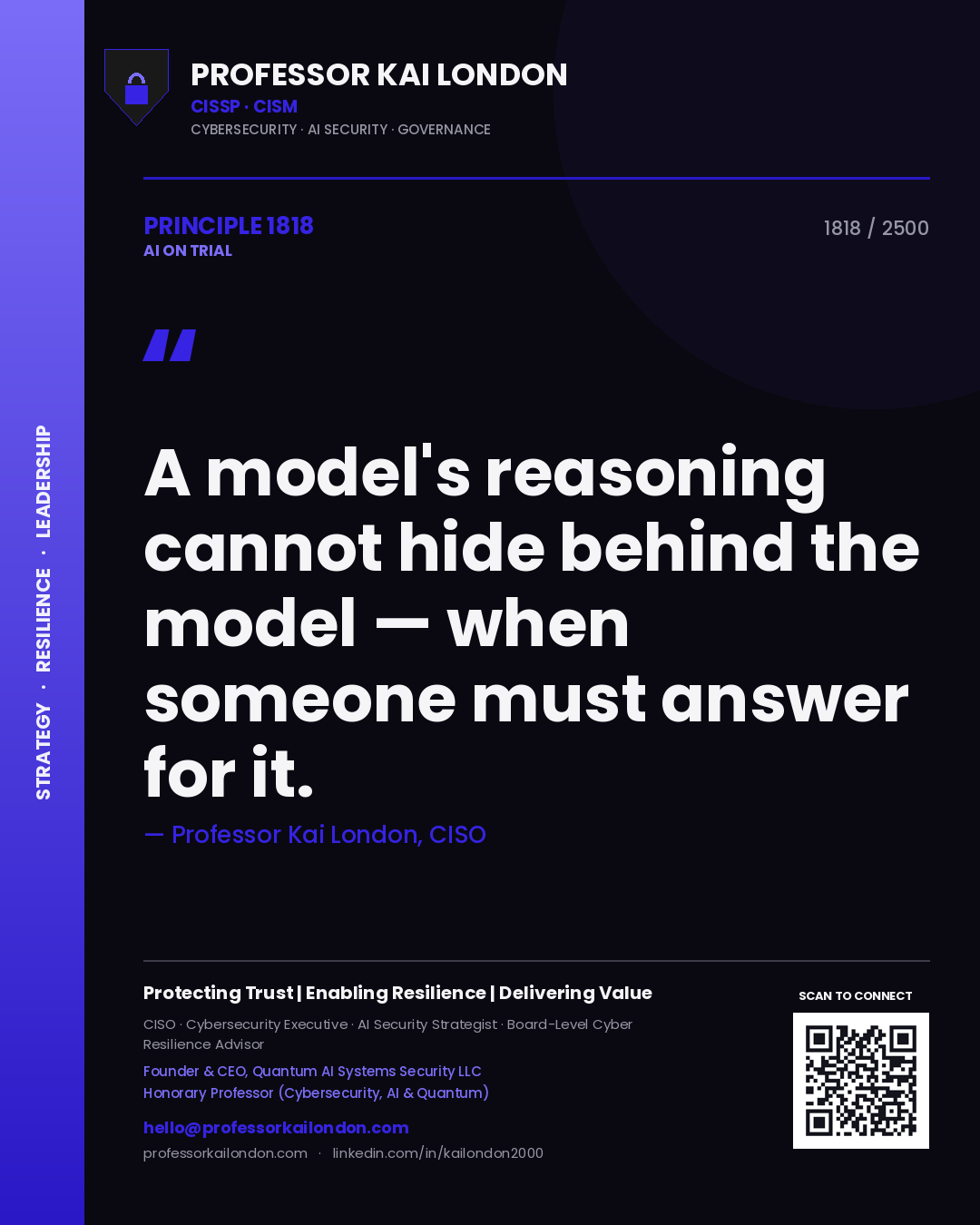 Professor Kai London principle 1818: A model's reasoning cannot hide behind the model — when someone must answer for it.