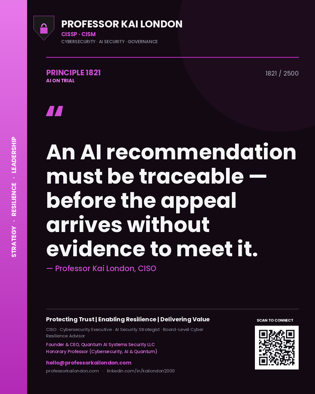 Professor Kai London principle 1821: An AI recommendation must be traceable — before the appeal arrives without evidence to meet it.