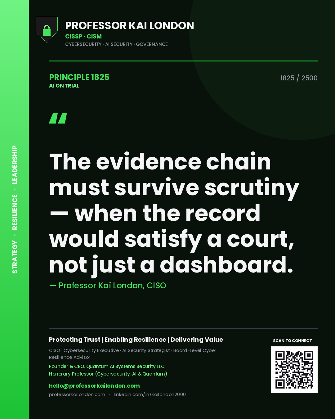 Professor Kai London principle 1825: The evidence chain must survive scrutiny — when the record would satisfy a court, not just a dashboard.