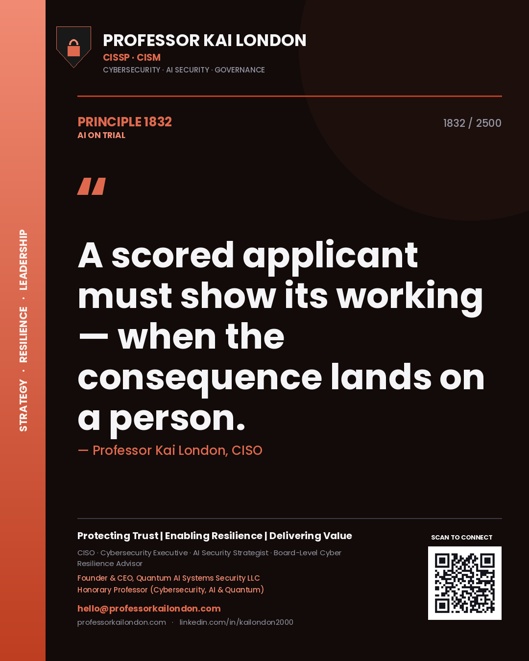 Professor Kai London principle 1832: A scored applicant must show its working — when the consequence lands on a person.