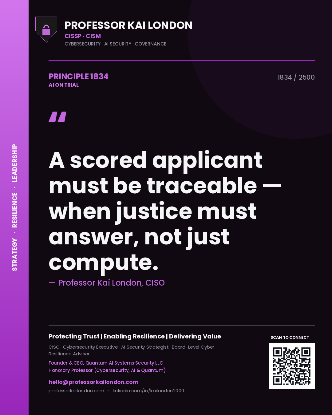 Professor Kai London principle 1834: A scored applicant must be traceable — when justice must answer, not just compute.