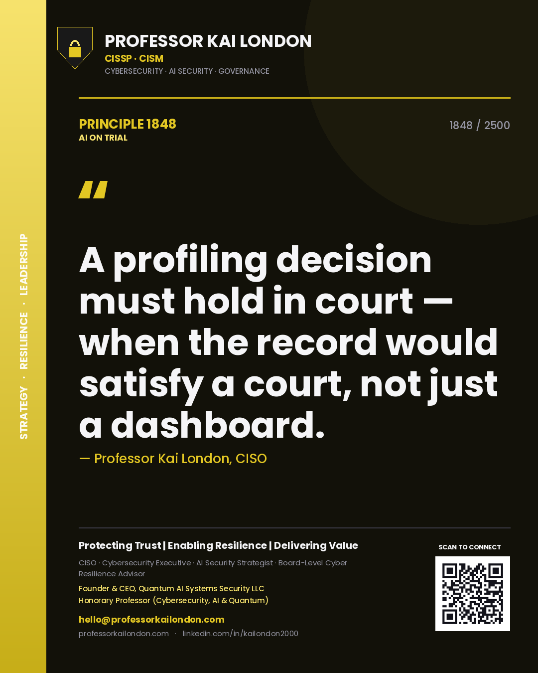 Professor Kai London principle 1848: A profiling decision must hold in court — when the record would satisfy a court, not just a dashboard.