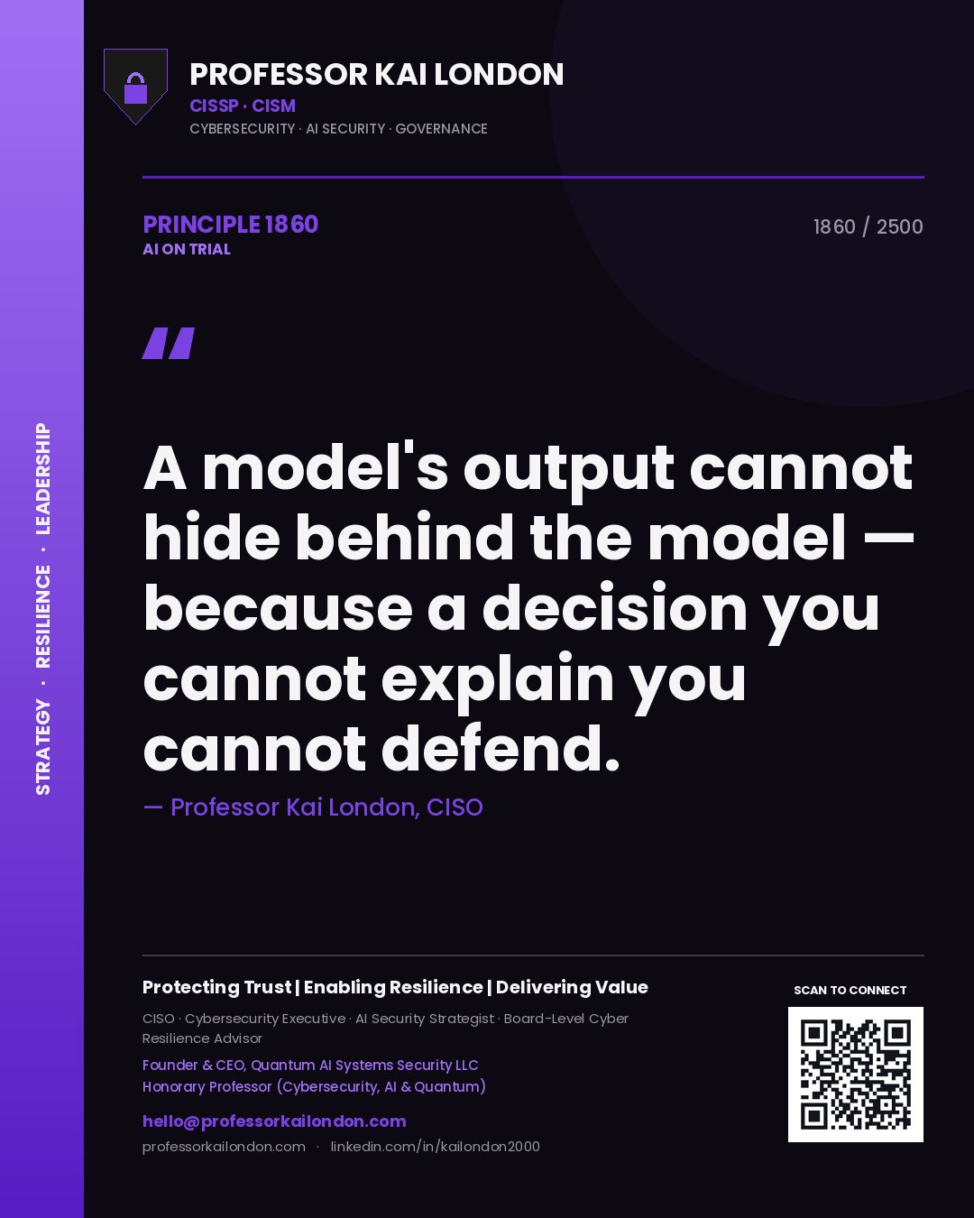 Professor Kai London principle 1860: A model's output cannot hide behind the model — because a decision you cannot explain you cannot defend.