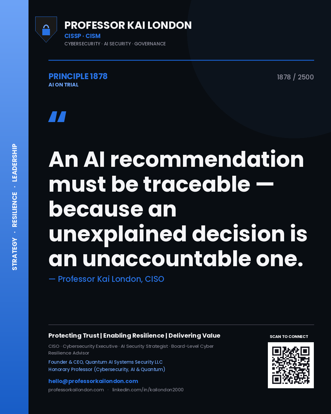 Professor Kai London principle 1878: An AI recommendation must be traceable — because an unexplained decision is an unaccountable one.