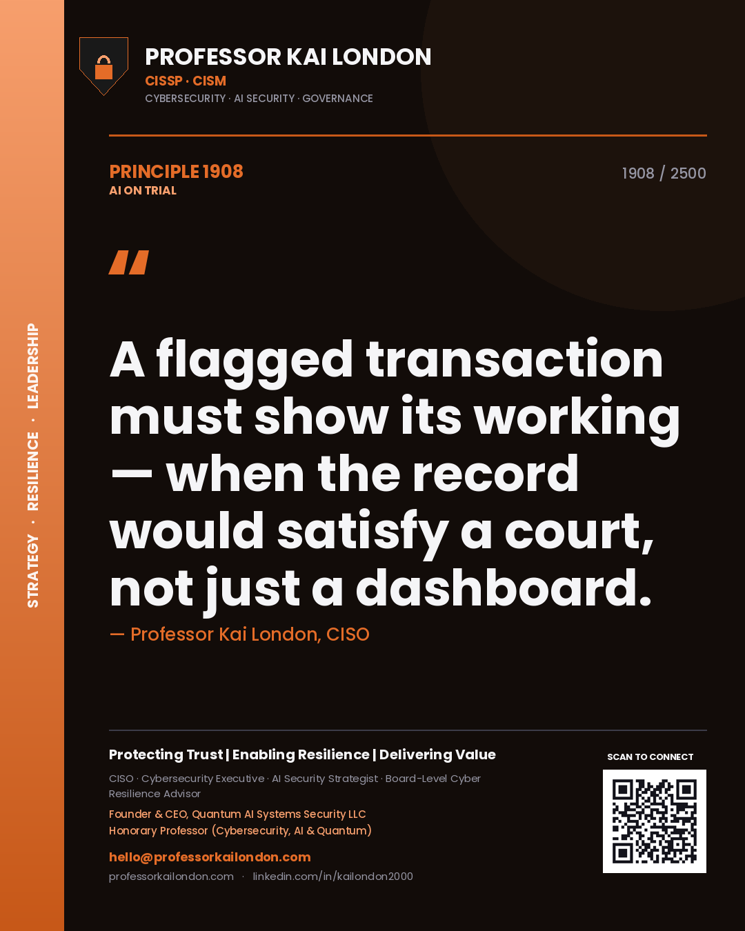 Professor Kai London principle 1908: A flagged transaction must show its working — when the record would satisfy a court, not just a dashboard.