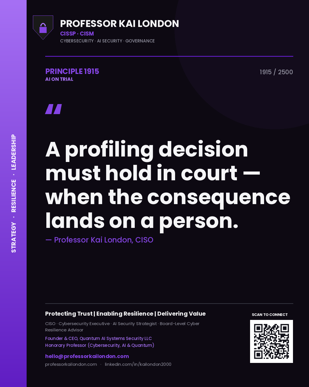 Professor Kai London principle 1915: A profiling decision must hold in court — when the consequence lands on a person.