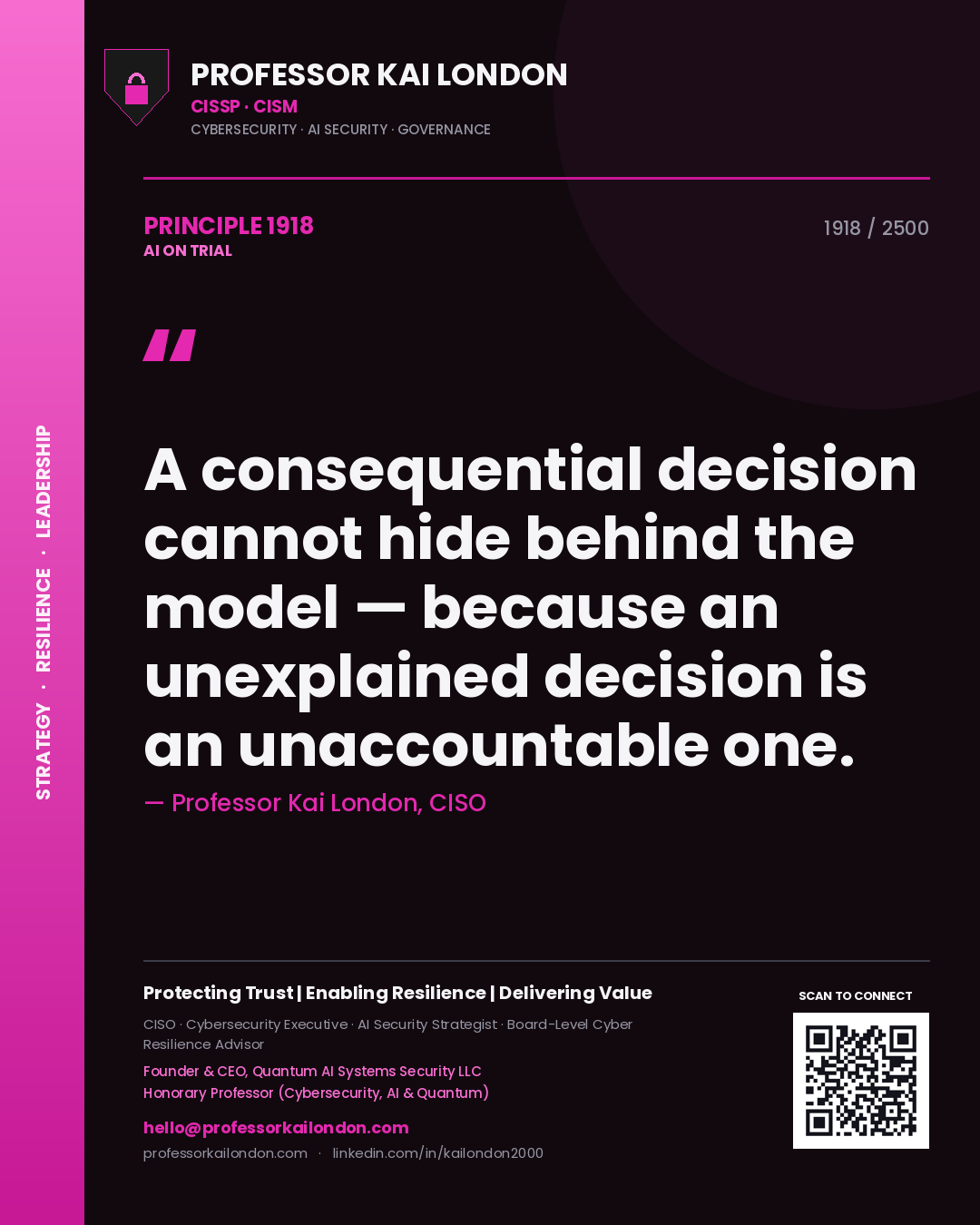 Professor Kai London principle 1918: A consequential decision cannot hide behind the model — because an unexplained decision is an unaccountable one.