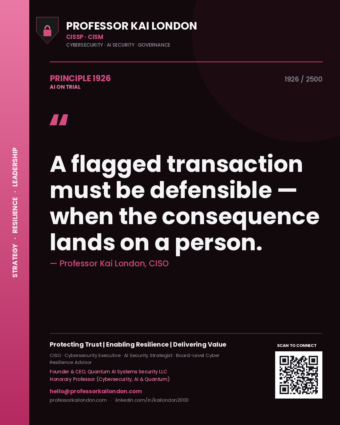 Professor Kai London principle 1926: A flagged transaction must be defensible — when the consequence lands on a person.