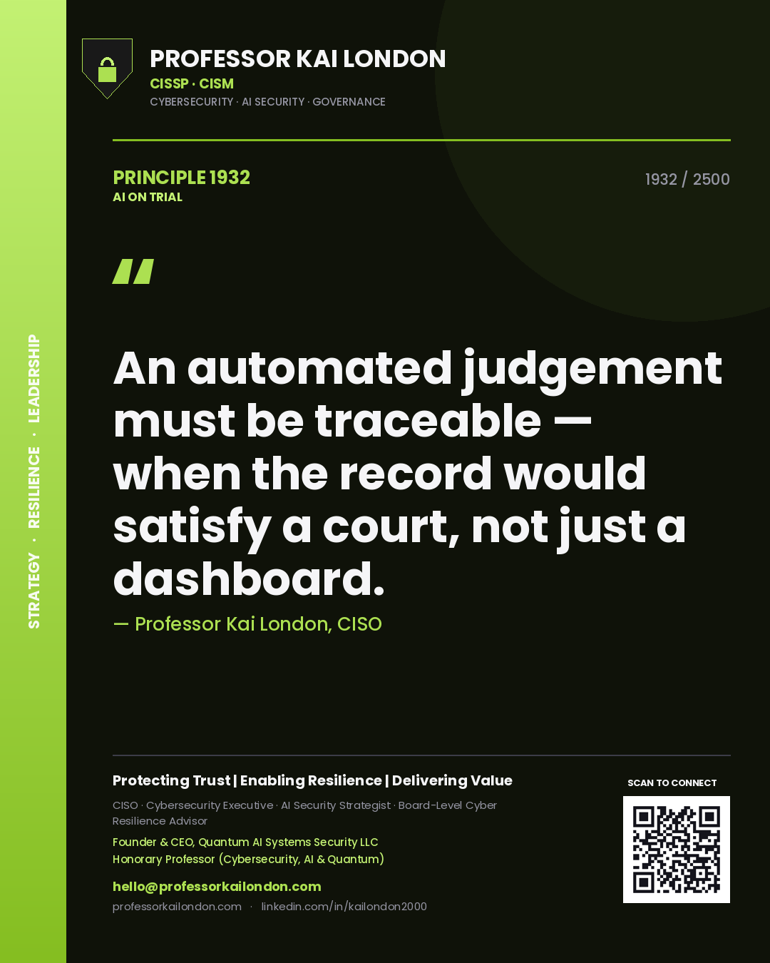 Professor Kai London principle 1932: An automated judgement must be traceable — when the record would satisfy a court, not just a dashboard.