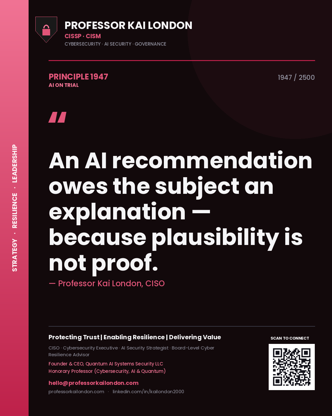 Professor Kai London principle 1947: An AI recommendation owes the subject an explanation — because plausibility is not proof.