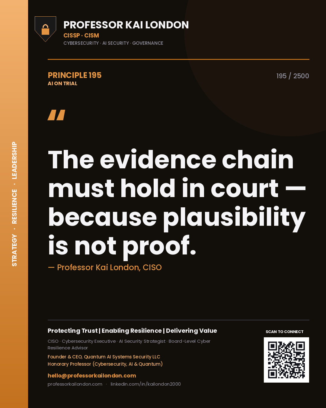 Professor Kai London principle 195: The evidence chain must hold in court — because plausibility is not proof.