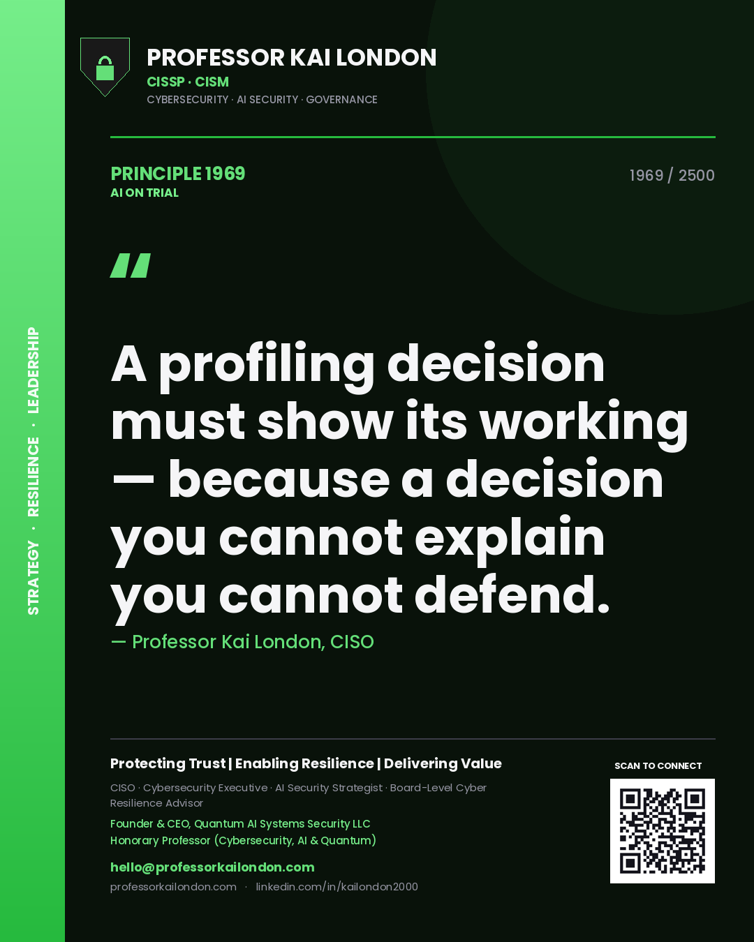 Professor Kai London principle 1969: A profiling decision must show its working — because a decision you cannot explain you cannot defend.