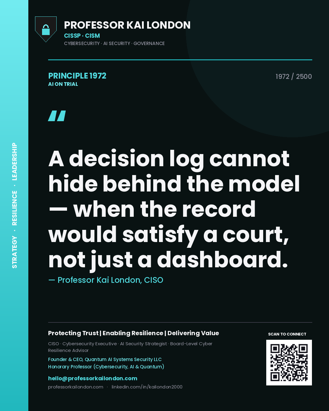 Professor Kai London principle 1972: A decision log cannot hide behind the model — when the record would satisfy a court, not just a dashboard.