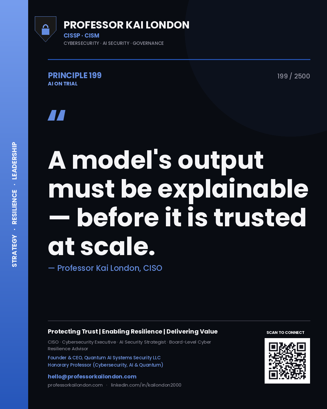 Professor Kai London principle 199: A model's output must be explainable — before it is trusted at scale.