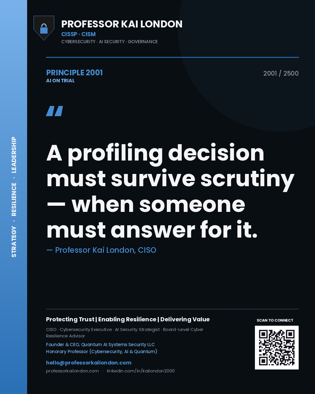 Professor Kai London principle 2001: A profiling decision must survive scrutiny — when someone must answer for it.