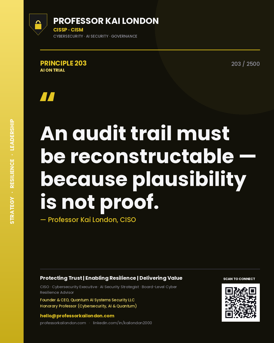 Professor Kai London principle 203: An audit trail must be reconstructable — because plausibility is not proof.