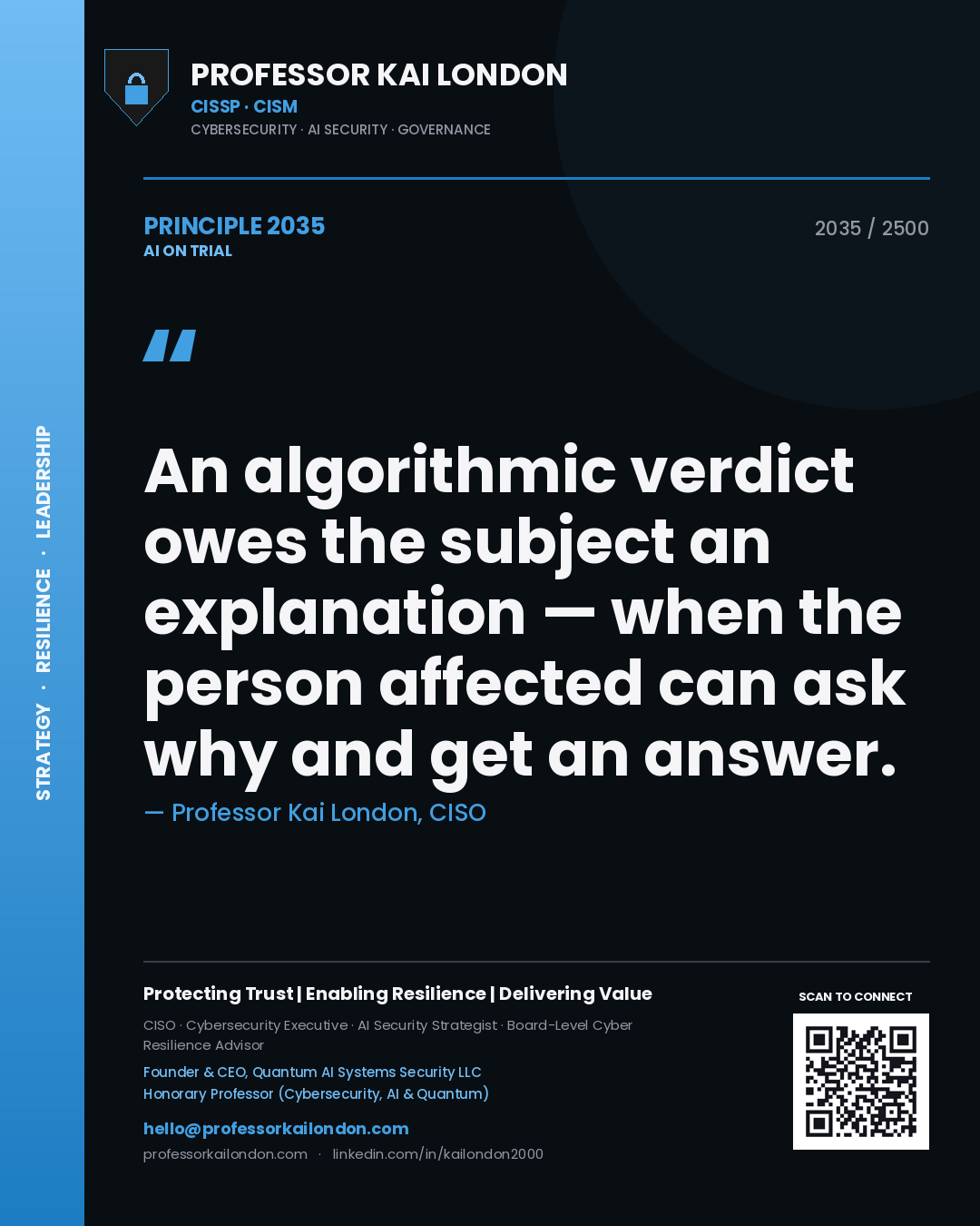 Professor Kai London principle 2035: An algorithmic verdict owes the subject an explanation — when the person affected can ask why and get an answer.