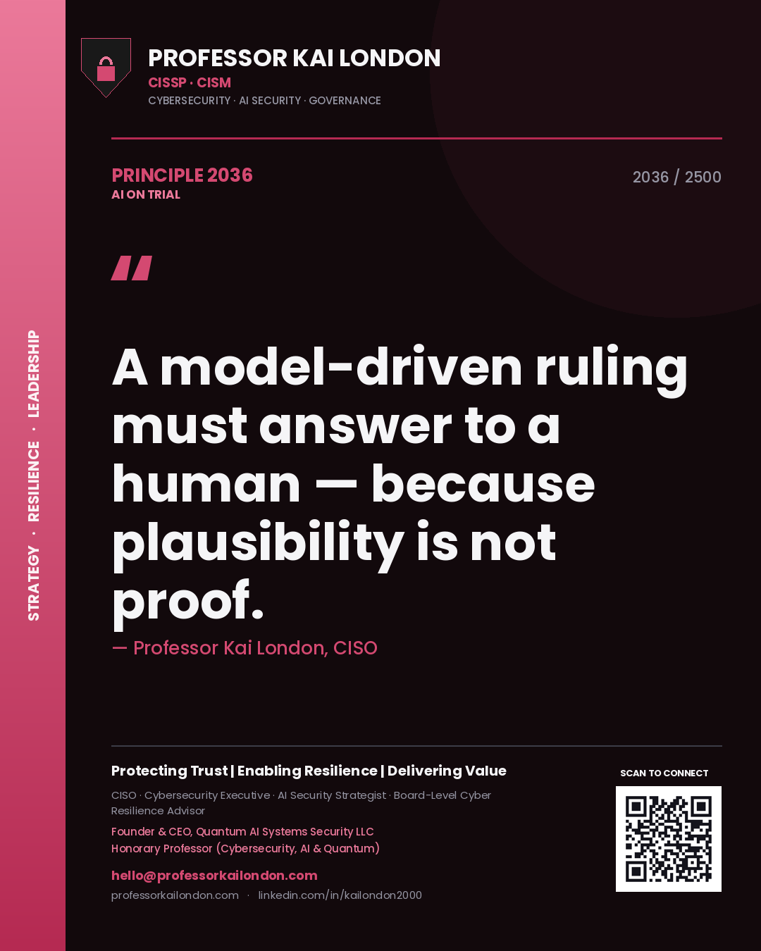 Professor Kai London principle 2036: A model-driven ruling must answer to a human — because plausibility is not proof.