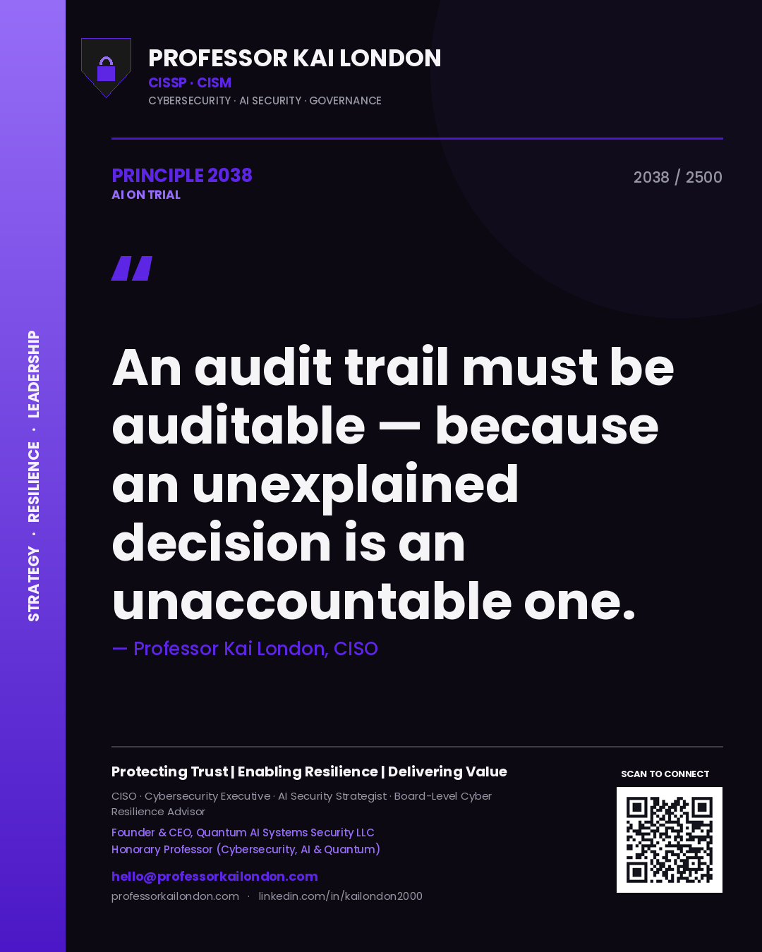 Professor Kai London principle 2038: An audit trail must be auditable — because an unexplained decision is an unaccountable one.