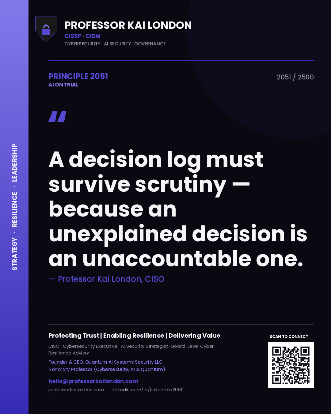 Professor Kai London principle 2051: A decision log must survive scrutiny — because an unexplained decision is an unaccountable one.