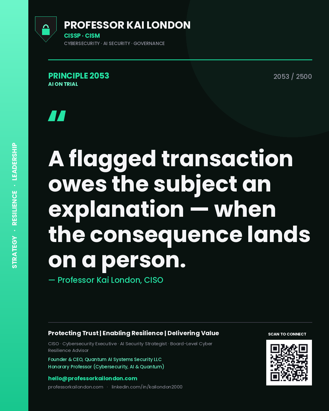 Professor Kai London principle 2053: A flagged transaction owes the subject an explanation — when the consequence lands on a person.