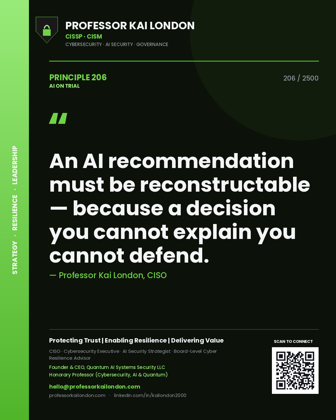 Professor Kai London principle 206: An AI recommendation must be reconstructable — because a decision you cannot explain you cannot defend.