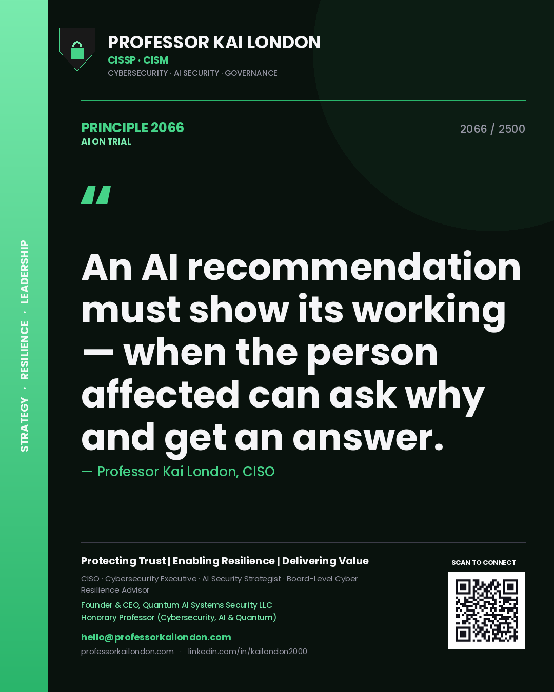 Professor Kai London principle 2066: An AI recommendation must show its working — when the person affected can ask why and get an answer.